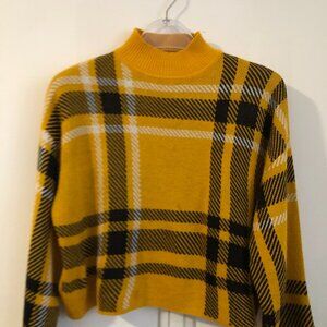 Divided H&M Plaid jacquard Knit mock neck cropped sweater Mustard Yellow XS